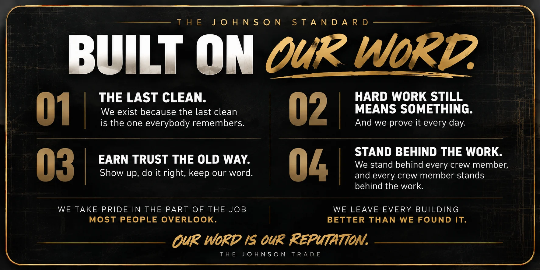 The Johnson Standard. Built on our word. 01 The last clean: we exist because the last clean is the one everybody remembers. 02 Hard work still means something, and we prove it every day. 03 Earn trust the old way: show up, do it right, keep our word. 04 Stand behind the work: we stand behind every crew member, and every crew member stands behind the work. We take pride in the part of the job most people overlook. We leave every building better than we found it. Our word is our reputation.